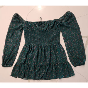 Revamped Green Floral Print Boho Smocked Off Shoulder Mini Dress Women's XL